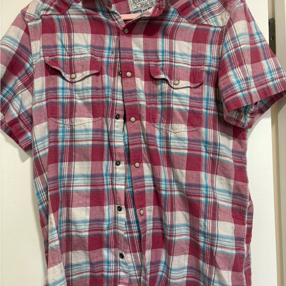 Men's Red Plaid Shirt Snap Button M